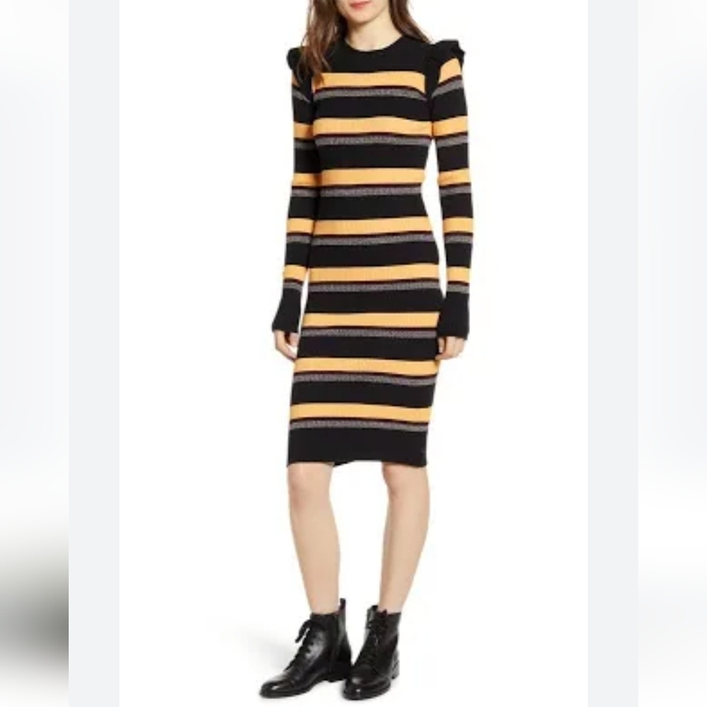 Scotch & Soda Orange Black Ruffle Long Sleeve Ribbed Knit Crewneck Midi Dress